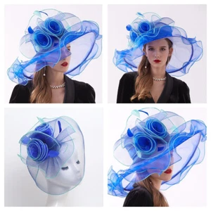 Womens Organza Hat Church Dress Wide Brim Bridal Floral Cap Tea Party Wedding - Picture 1 of 22
