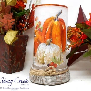Stony Creek Decorative Lighted Glass Fall Pumpkins Leaves 8" Hurricane SDF87B - Picture 1 of 10