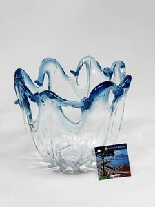 Weiß Weiß Kristall Mutant Glas Italien Venezianisch Mundgeblasen Blau Glas Schale - Bild 1 von 8
