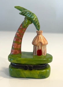 CHARMING PALM TREE with HUT PORCELAIN TRINKET BOX, 2 x 3.5" - Picture 1 of 10