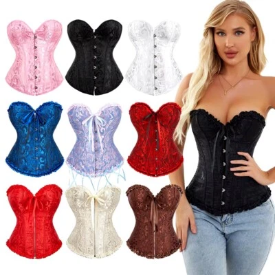 Size 6-24 Women Overbust Boned White Corset Top Burlesque Basque Lace Up Costume - Image 1 of 4
