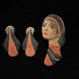 Vintage Artisan Porcelain Pin And Earring Set FLAWED (Lot# 365) Craft Repair - Picture 1 of 5