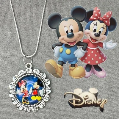 Collar de Plata 925 MICKEY & MINNIE MOUSE y Colgante Cabujón Hecho a Mano Regalo✨NUEVO Foto 1 de 4