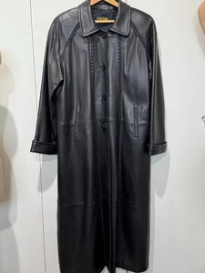 Damen Vintage CHOSEN schwarz Leder gefüttert Staubmantel Trenchcoat M Besatz Detail - Bild 1 von 12