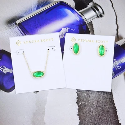 CONJUNTO de brinco de ouro Kendra Scott Elisa Ellie verde jade ilusão colar - Imagem 1 de 4
