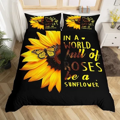 Sunflower Butterfly Comforter Cover for Girls Yellow Floral Bedding Set Queen... - Image 1 of 4