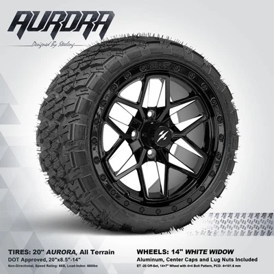 GOLF CART 14" WHITE/BLACK 'WIDOW' WHEELS/RIMS and 20" 'AURORA' DOT A/T TIRES Foto 1 de 4
