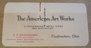 Um 1920 Visitenkarte ~ "The AMERICAN ART WORKS" Coshocton OHIO ~ Lithographie ~ - Bild 1 von 2