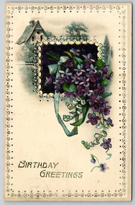 Postcard Birthday Greetings Lily o t Valley Violets Flowers Blue Ribbon Bouquet - Picture 1 of 2
