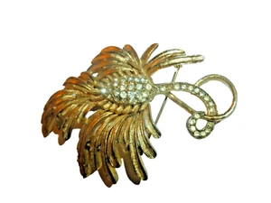 Vintage Gold Tone Pin Brooch Rhinestone Antiqued Branch Flower Orchid - Picture 1 of 6