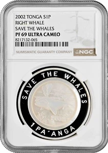 Tonga 1 paanga 2002, NGC PF69 UC, "Save the Whales: Right Whale" Top Pop - Picture 1 of 2