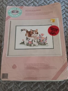 From The Heart Cross Stitch #51051 Kitten In Flowers Opened Package Cat  - Picture 1 of 11