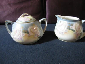 RS Germany Sugar and Creamer Set Blue with Pink Roses Gold Rimmed - Picture 1 of 9