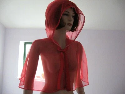 Sheer Nylon Hoodie cape red pretty bed jacket party Sissy lace Adult feminine UK - Image 1 of 4