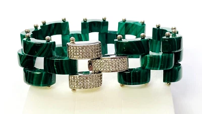 Brazalete de eslabones HSN de 7-1/2" de plata de ley con malaquita y circón blanco rarezas Foto 1 de 4