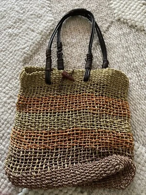 Moyna Philippines Woven Straw Market Bag Tote Leather Straps Wooden Button - Image 1 of 3