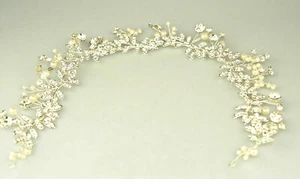 BRIDAL RHINESTONE VINE LEAVES & PEARL 14" HEADBAND HEADPIECE CAN SHAPE & PIN - Picture 1 of 5