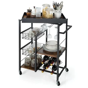 Kitchen Bar Cart 4-Tier Rolling Serving Trolley Wine Rack Removable Tray Basket - Picture 1 of 8