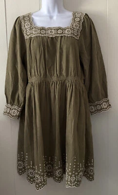 Madewell Sz M Embroidered Corduroy  Square Neck Mini Dress Olive Green Cotton - Image 1 of 4