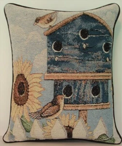 Primitive Birdhouse w/ Birds, Sunflowers & Picket Fence Tapestry Pillow New - Picture 1 of 9