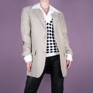 VINTAGE Mens Womens Beige Faux Suede Linen Oversize 90s Jacket Blazer M 12 14 - Picture 1 of 12