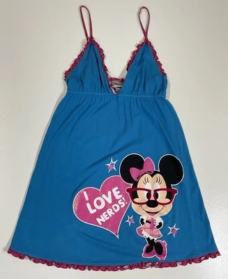 Vintage Minnie Mouse I Love Nerds Dress Sz S Disney Ruffled Glitter Y2K - Image 1 of 4