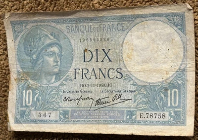 November 7th, 1940 - 10 French Frans - Banque De France- P-84-Serial #1968929367 - Image 1 of 4