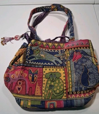 Bolso pequeño bohemio Laurel Burch perro gato multicolor púrpura verde  Foto 1 de 4