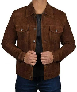 Chaqueta de Camionero Clásica para Hombre Marrón Oscuro Estilo Occidental Gamuza Real Elegante - Imagen 1 de 9