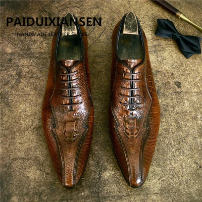 British Mens Lace Up Real Leather Pointed Toe Formal Dress Crocodile Print Shoes - Image 1 of 4