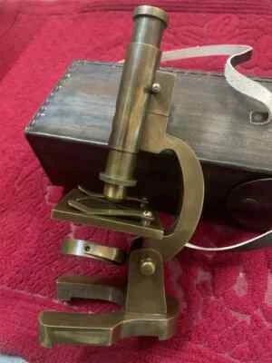 Brass Antique Microscope Student Microscope 9 '' Vintage Type With Leather Cover - Image 1 of 4