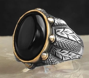 Silver Men's Jewelry Turkish Made Natural Stone Men's Ring Onyx Stone Ring - Picture 1 of 3