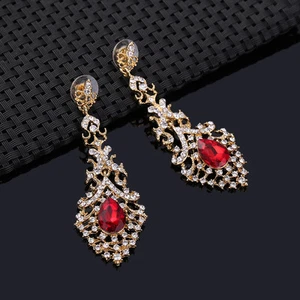 Red Elegant Crystal Elongated Earring Jewellery for Women - Picture 1 of 6