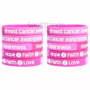 10 Breast Cancer Awareness Bracelets - Fundraiser Awareness Silicone Wristbands - Picture 1 of 3