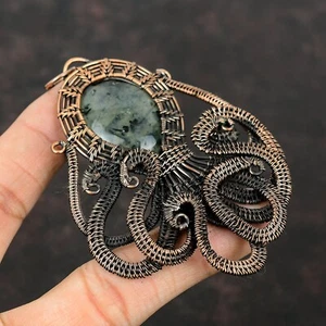 Moss Prehnite Copper Mother Gift Wire Wrapped Octopus Pendant 3.66" - Picture 1 of 6