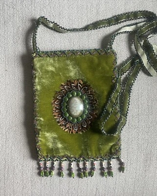 Bolso Bandolera con Cuentas Cartera Terciopelo Verde Con Piedras/Pluma Boho Foto 1 de 4