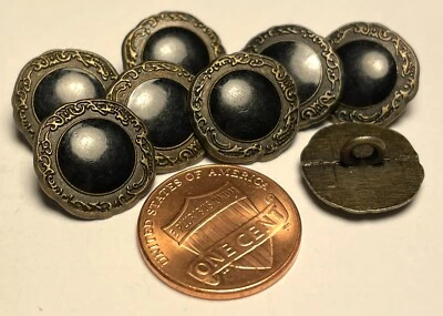 8 NOS Vtg Antique Brass Tone Metal Black Enamel Shank Buttons 15mm 9/16" 12645 - Image 1 of 3