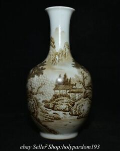 9.6" Qianlong Marked Chinese Ink color Porcelain Mountain Tree House Bottle Vase