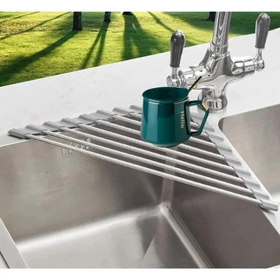 Estante de secado de platos triangular enrollable esquina fregadero plato escurridor ahorro de espacio nuevo con etiquetas  Foto 1 de 4