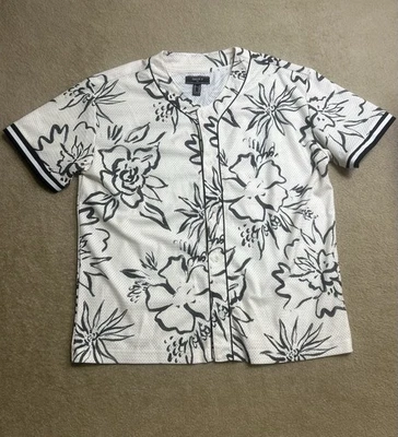 Forever 21 Mens XXL Black White Tropical Floral Hawaiian Button Up Jersey Mesh - Image 1 of 4