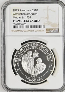 1995 SILVER 10 DOLLARS SOLOMON ISLANDS CORONATION QUEEN MOTHER NGC PF69 UCAM - Picture 1 of 2