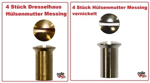 4 Stück Hülsenmuttern M 4 - M 6 Messing vernickelt Linsensenkkopf Schlitz   - Bild 1 von 1