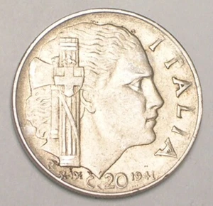 1941 Italy Italian 20 Centesimi Two Headed WWII Era Coin VF+ - Picture 1 of 2