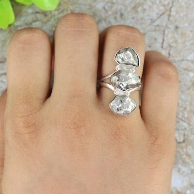  Raw Pyrite 925 Sterling Silver Bohemian Three Stone Uncut Healing Crystal Ring - Image 1 of 4
