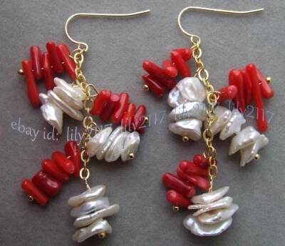 Pendientes de gancho colgantes enchapados en oro con perlas Keshi blancas naturales y coral rojo de 4-11 mm Foto 1 de 4