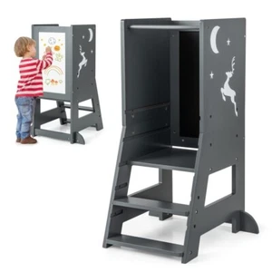 3in1 Kitchen Toddler Helper Standing Tower w/ Step Stool Chalkboard & Whiteboard - Picture 1 of 11