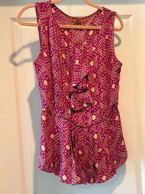 Tory Burch Silk Purple Geometric Print Ruffled Sleeveless Size 6 - Image 1 of 4
