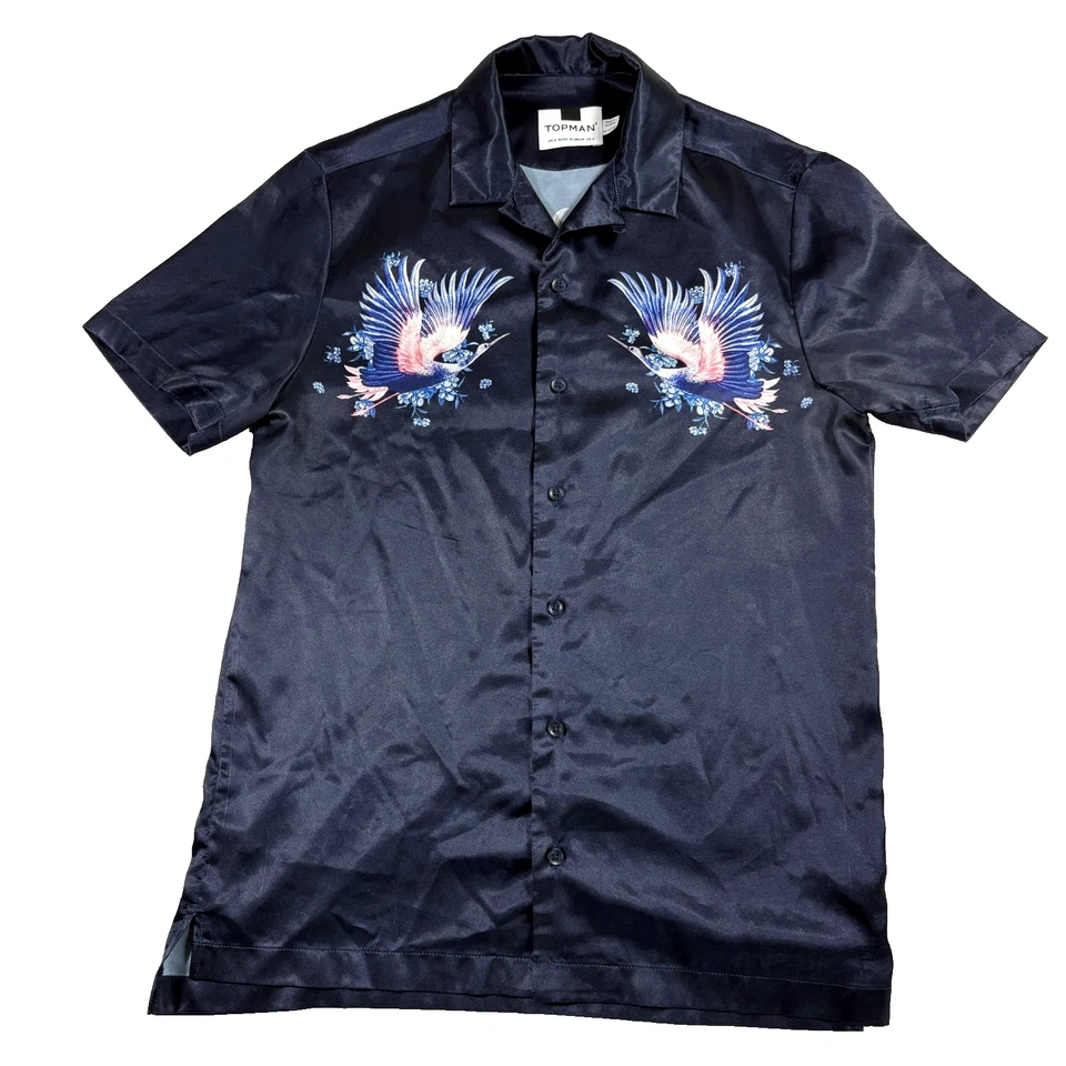 Camisa masculina Topman cetim preto bordada pássaro tamanho pequeno Y2K 90 festival grunge - Imagem 1 de 4