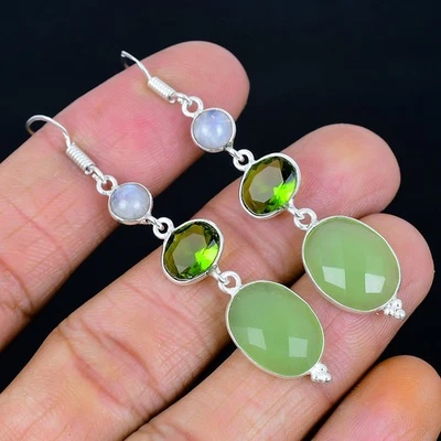 Green Chalcedony 925 Silver Plated Handmade Earrings of 2.49" - Image 1 of 3