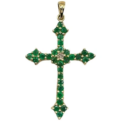 14k Yellow Gold Natural Emerald and Diamond Cross Pendant - Image 1 of 4
